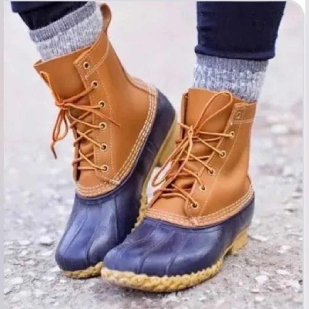 LL Bean 8" Tan Leather Black 212880 Unlined USA Made Duck Boots US unixes L8